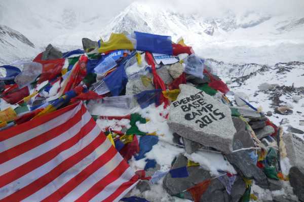 Cairn and Prayer Flags at Everest Base Camp