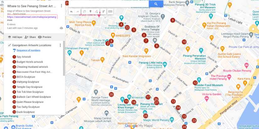 Map of Artwork in GeorgeTown. Penang