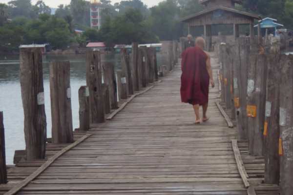 Monk on Ubein Bridge at Sun Rise