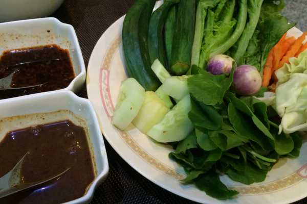Raw vegetables and dips side dishes in Myanmar