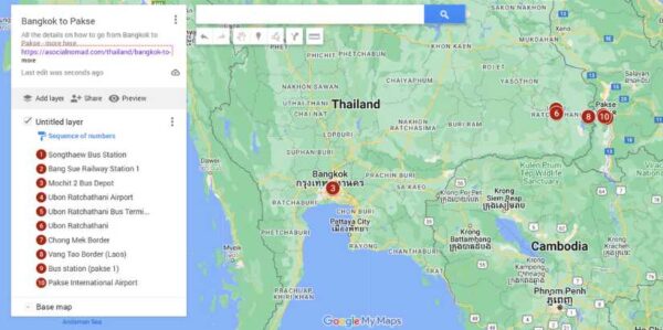map of how to go from bangkok to pakse