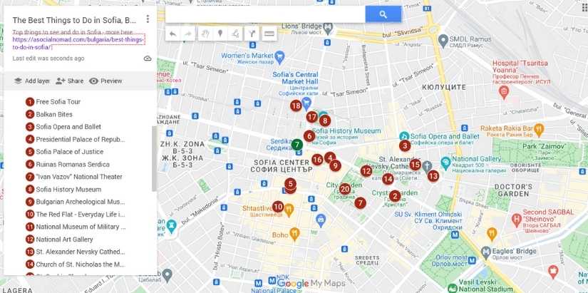 Map of things to do in Sofia