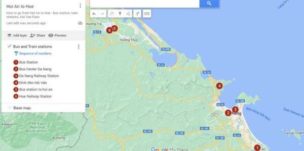 how to go from hoi an to hue map of bus stations and train stations
