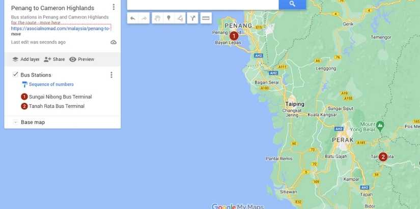 Map of bus stations in penang and tanah rata