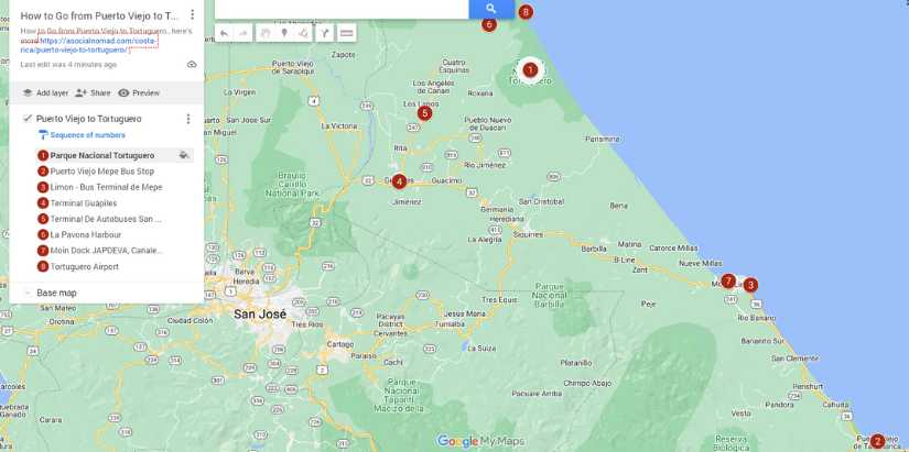 How to Go from Puerto Viejo to Tortuguero map