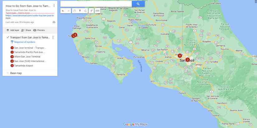 How to Go from San Jose to Tamarindo map