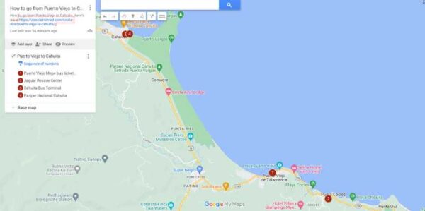 How to go from Puerto Viejo to Cahuita map