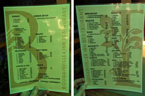Menu from Bouganvilla Restaurant Fulidhoo