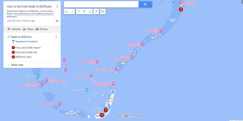 Map of How to Go from Malé to Dhiffushi