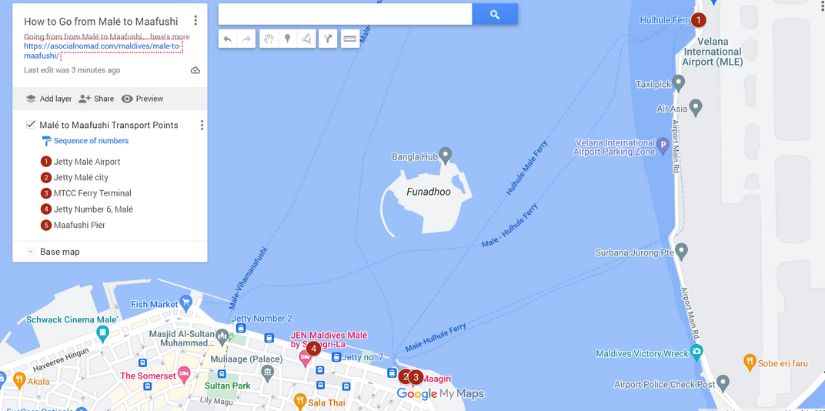 Map of How to Go from Malé to Maafushi