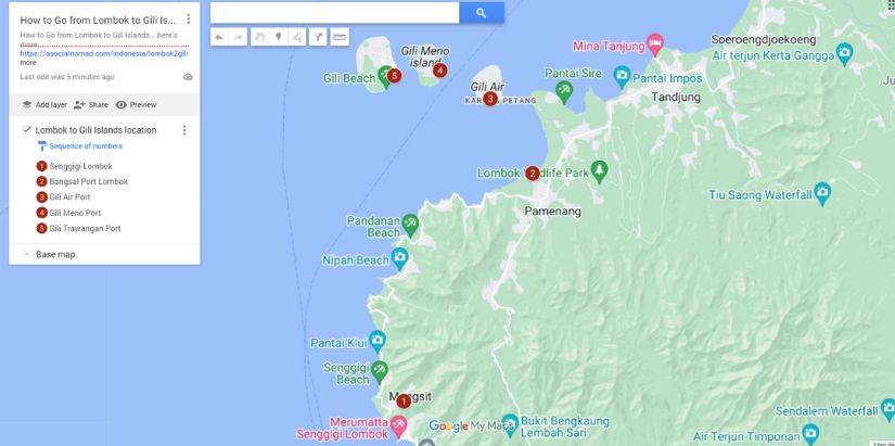 Map of How to Go from Lombok to the Gili Islands
