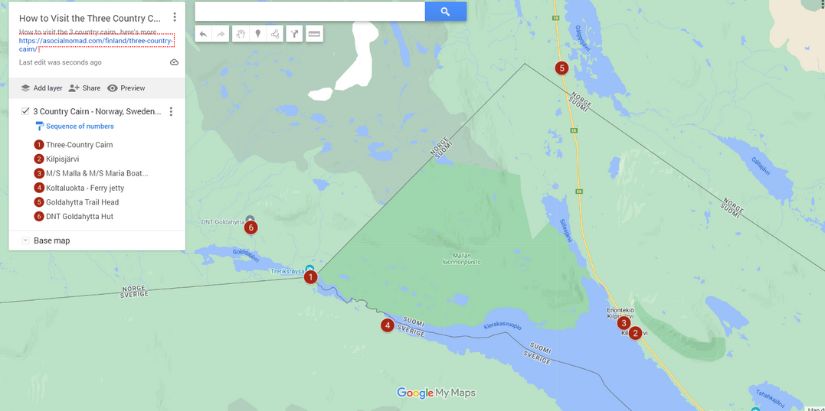 Map of 3 country cairn - Finland, Norway, Sweden