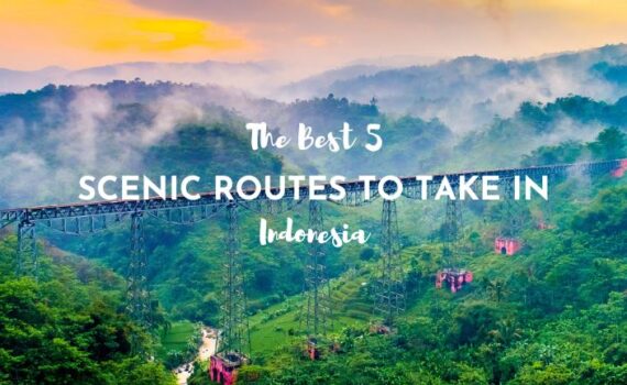 A lush, mist-covered landscape in Indonesia at sunrise, featuring a long railway bridge stretching across dense green hills. Soft golden and pink hues from the rising sun color the sky, adding warmth to the tranquil scene. Overlay text reads, "The Best 5 Scenic Routes to Take in Indonesia" in a bold and playful font.