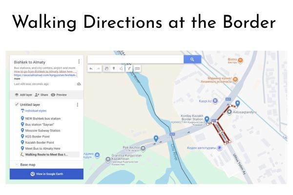 Map of Bishkek to Almaty walking directions to catch bus at the border