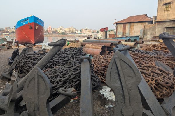 Ship and anchor chains with anchors at Dhakas Ship breaking yard