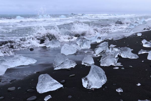 Icebergs on the black sand of Diamond Beach