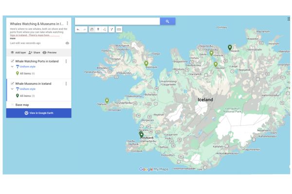 Map of Whale Watching Ports & Museums in Iceland