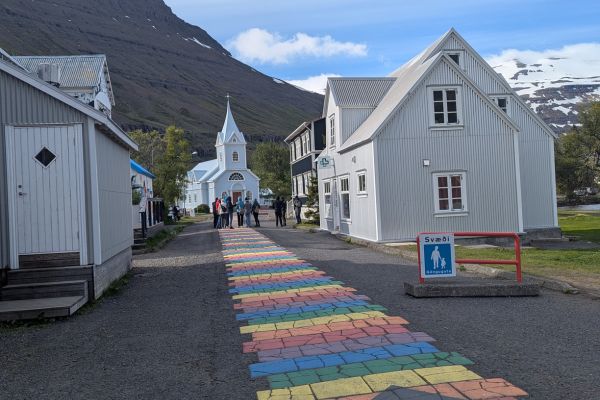 Rainbow street and Church Seyðisfjörður