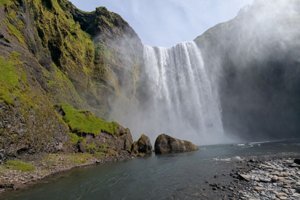 Skógafoss from the middle of the river