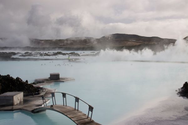 Steam rises about the famous Blue Lagoon on the Reykjanes Peninsula