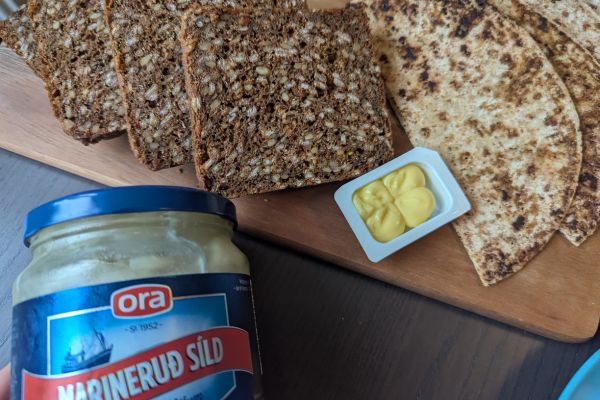 Rugbord, flatkrokur butter and marinated herring picnic at apartment