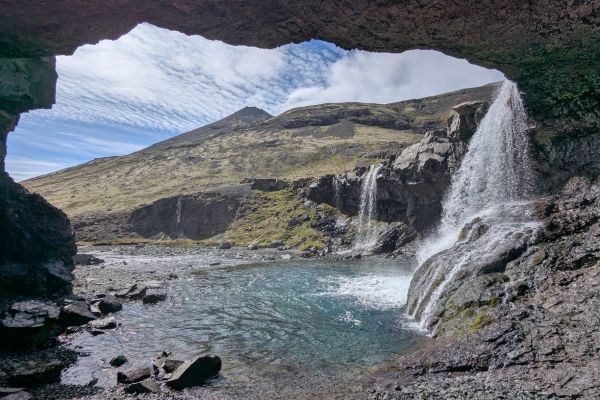 Skutafoss and cave on South Coast Iceland