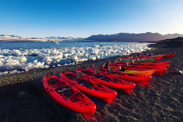 Kayaks on the Shore of Jokullsarlon Lagoon