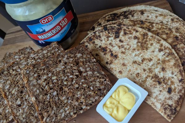 Marinated herring, flat bread and rugbrot