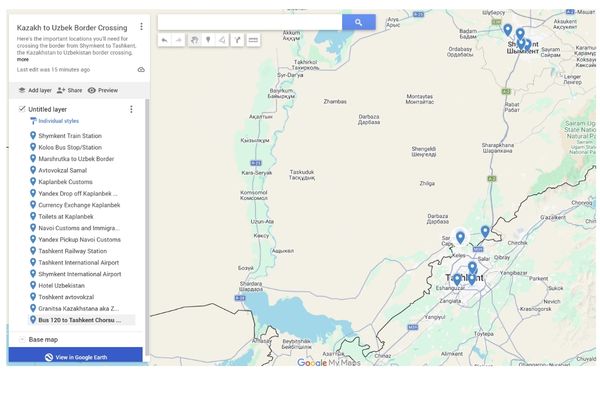 Map for Shymkent to Tashkent Border Crossing