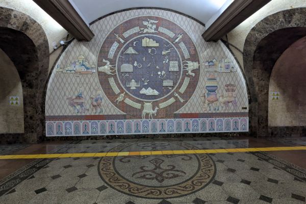 Tiles and Mexican Pyramids inside Zhibek Zholy (Silk Road) Metro Station