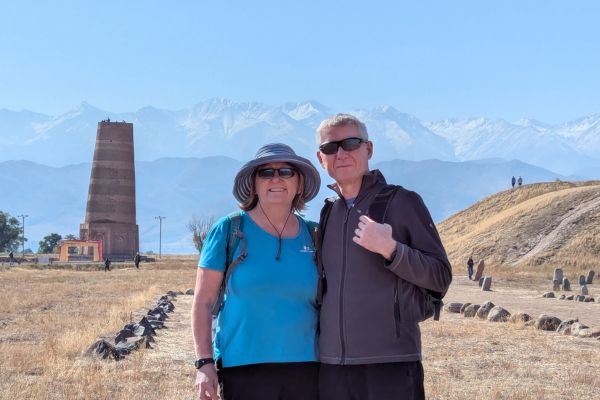 Burana Tower and Us with the Mountains in the Background
