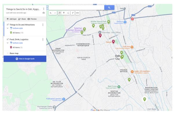 Map of Places to visit in Osh